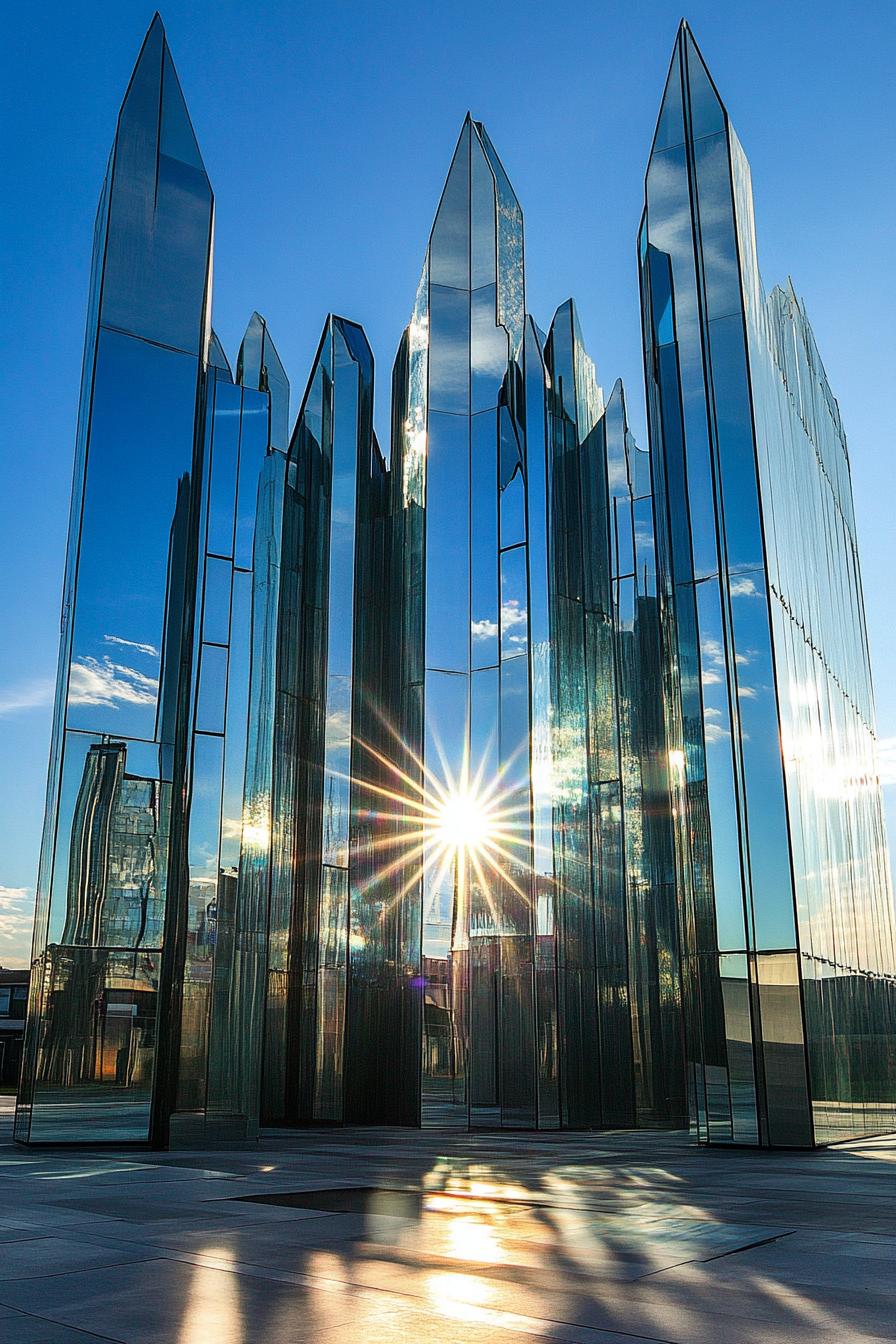 modern architecture steel castle with towers reflecting the sun 1