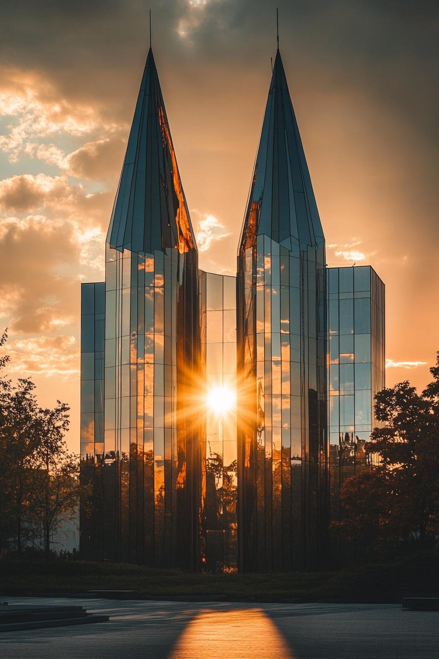 modern architecture steel castle with towers reflecting the sun