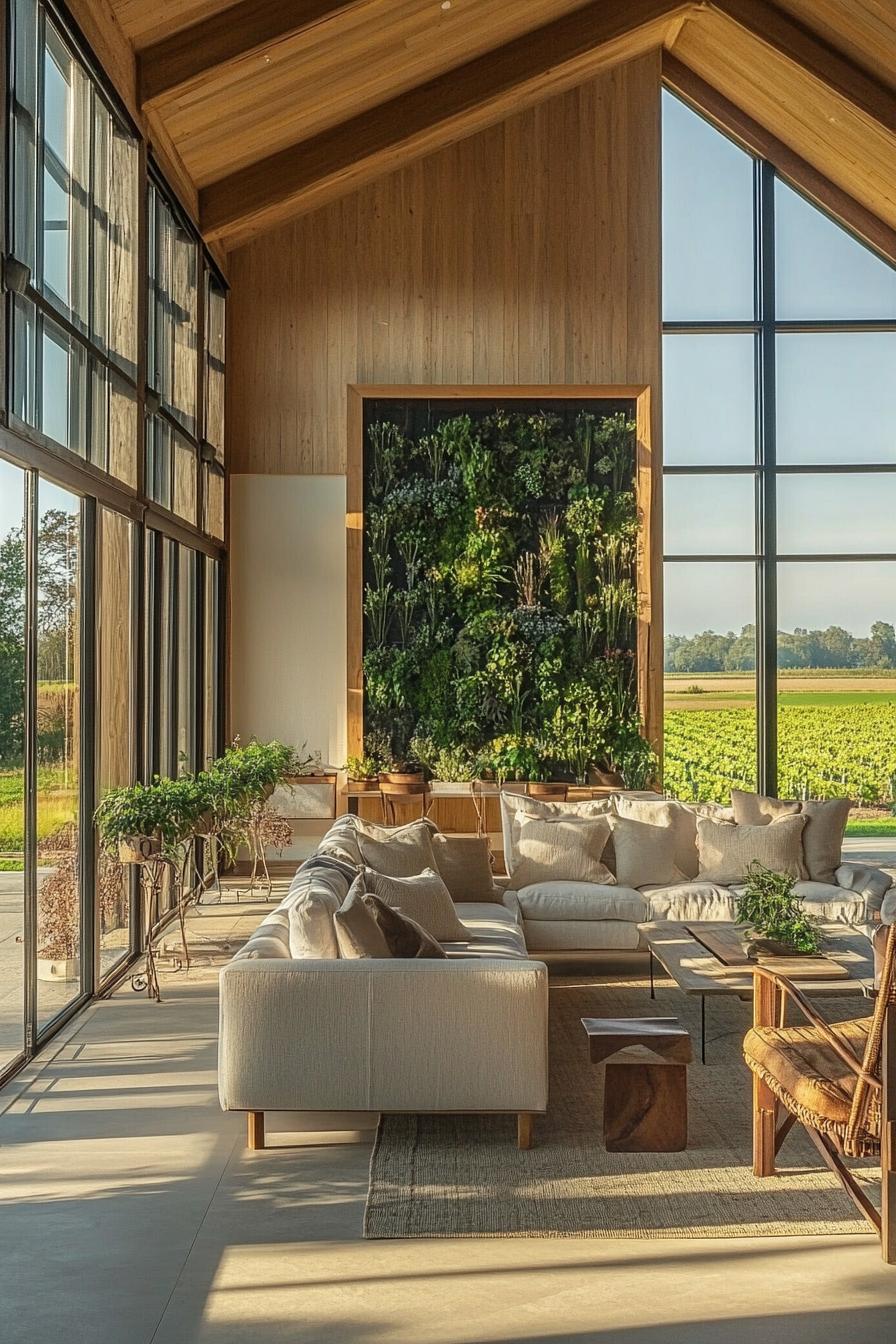 modern barn style home farmhouse modern interior with indoor vertical garden stunning green farmland fields visible through large windows 1