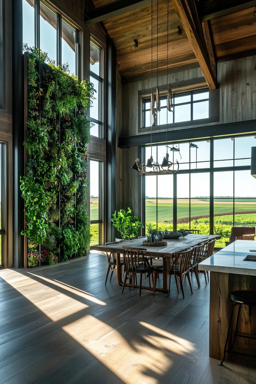 modern barn style home farmhouse modern interior with indoor vertical garden stunning green farmland fields visible through large windows 2