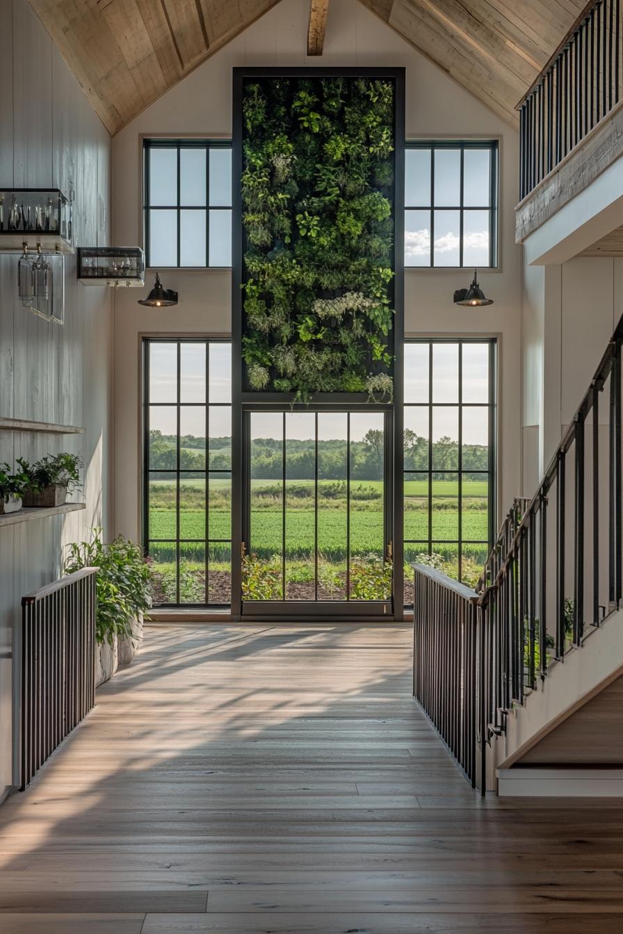 modern barn style home farmhouse modern interior with indoor vertical garden stunning green farmland fields visible through large windows 3