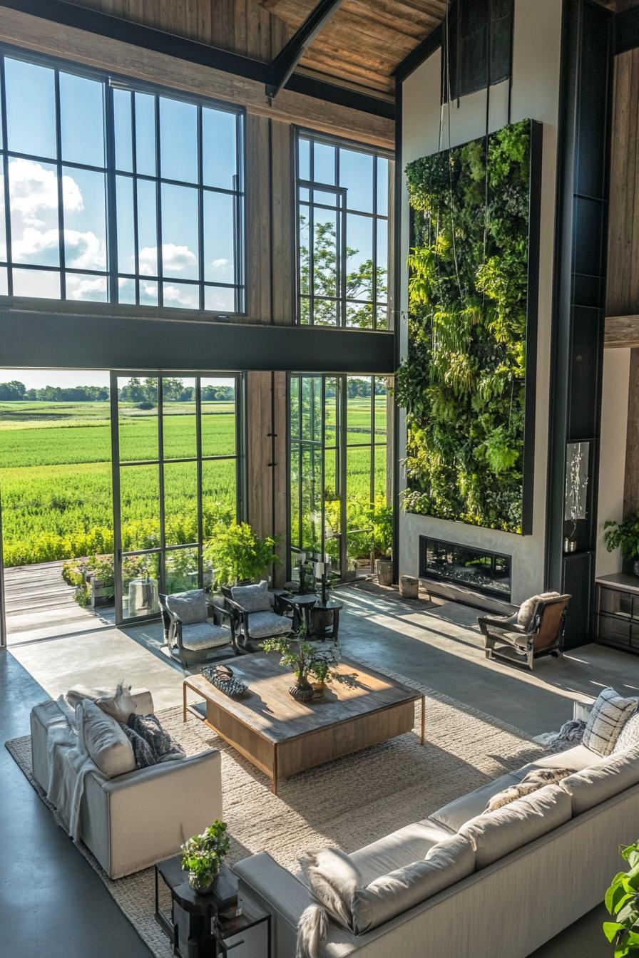 modern barn style home farmhouse modern interior with indoor vertical garden stunning green farmland fields visible through large windows