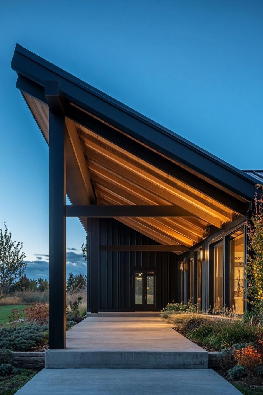 modern barndominium house black shiplap exterior with dark wood beams 1