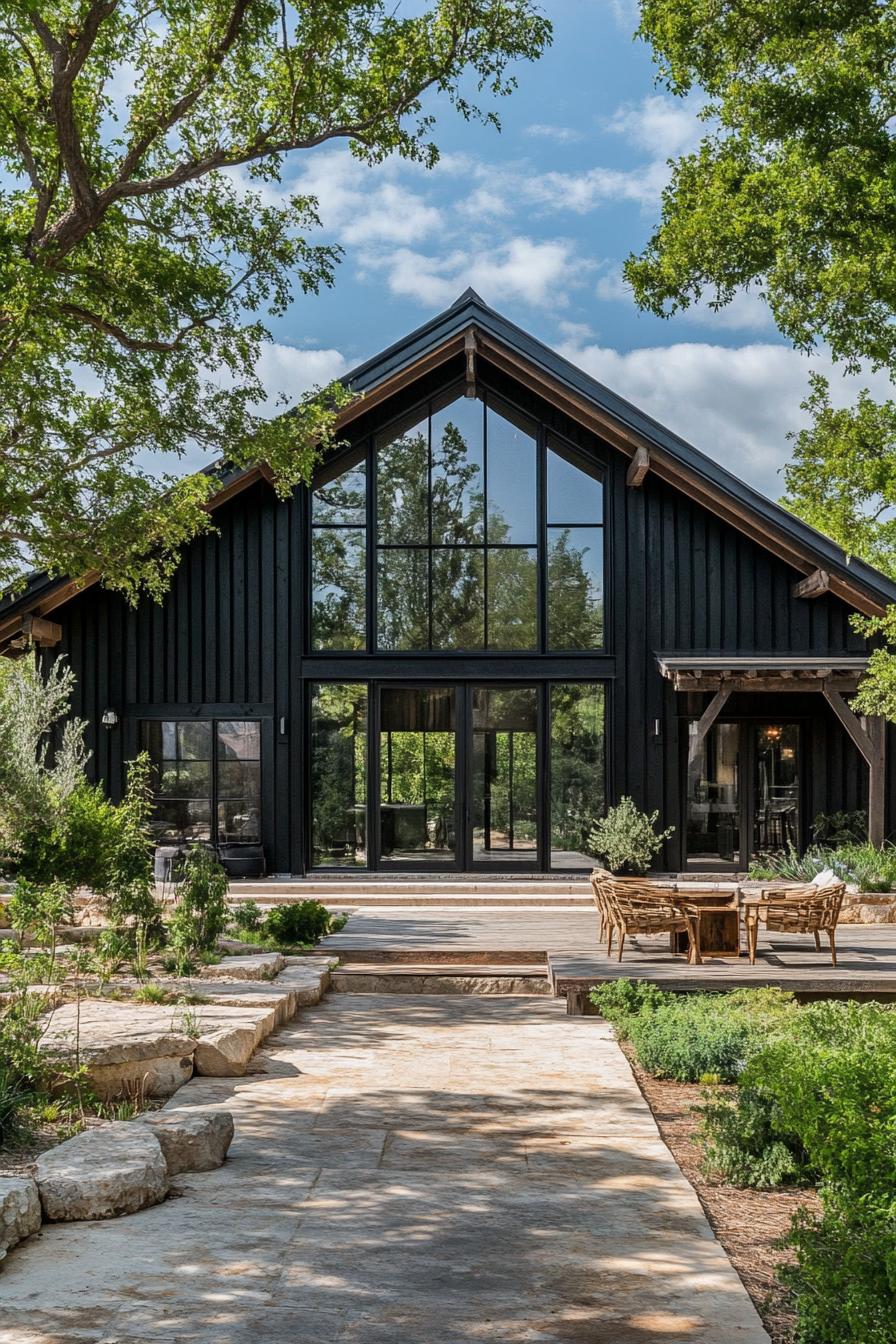 modern barndominium house black shiplap exterior with dark wood beams 2