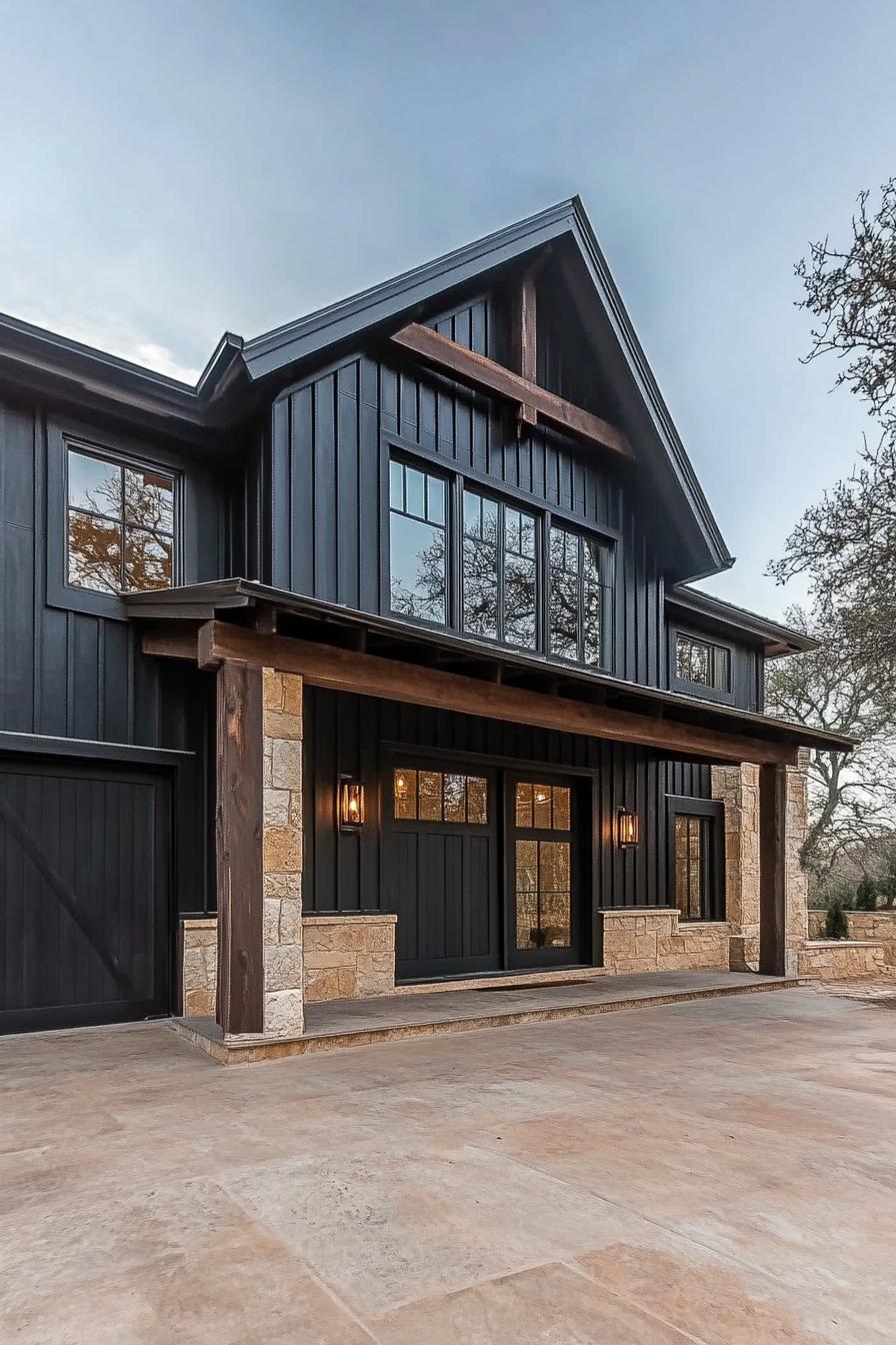 modern barndominium house black shiplap exterior with dark wood beams 3