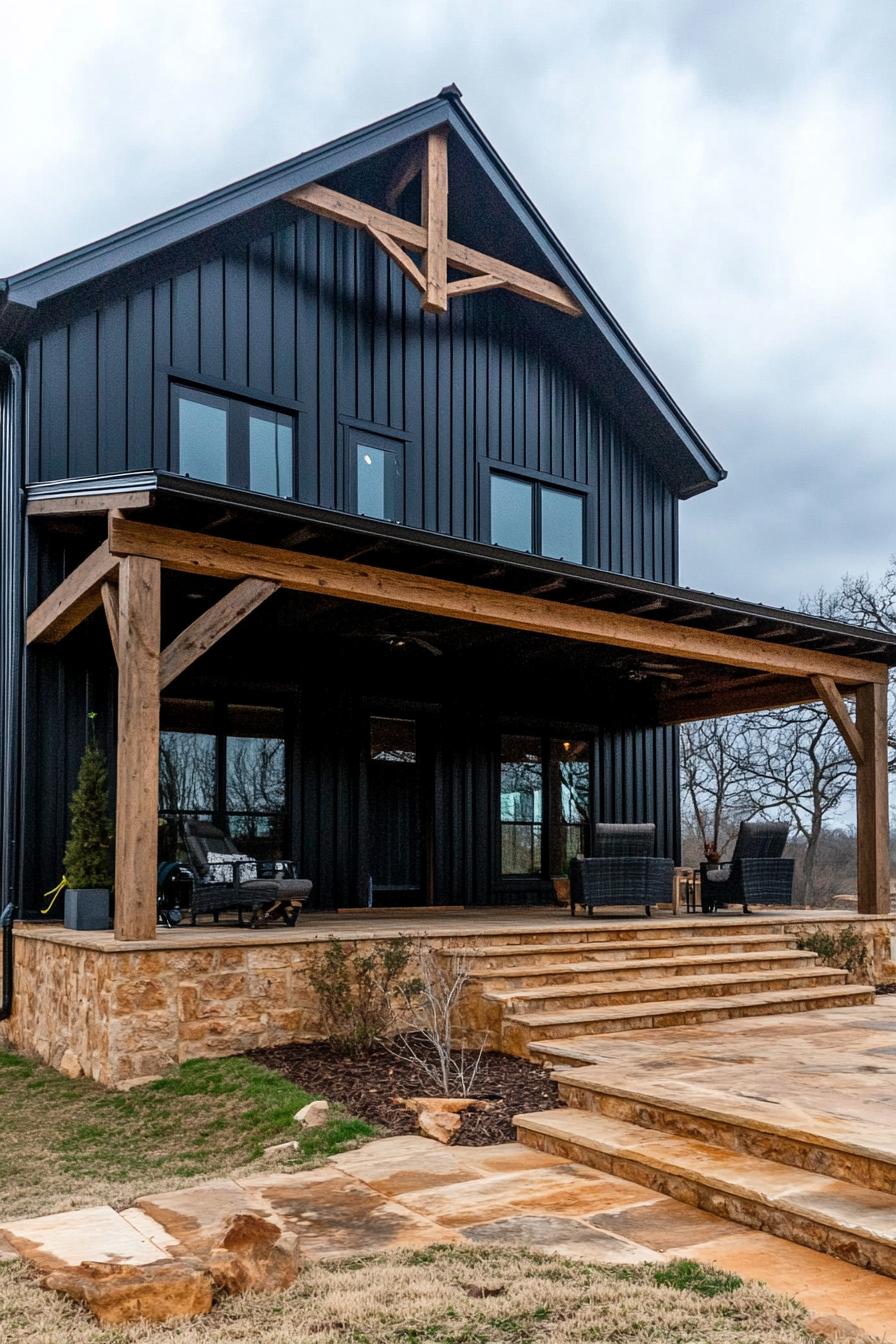 modern barndominium house black shiplap exterior with dark wood beams