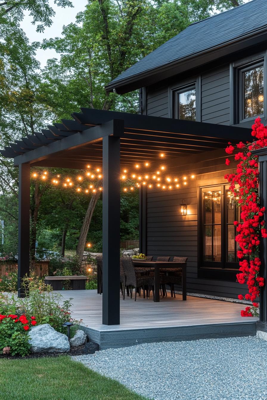 modern black house front porch with black pergola red climber flowers and string lights 1