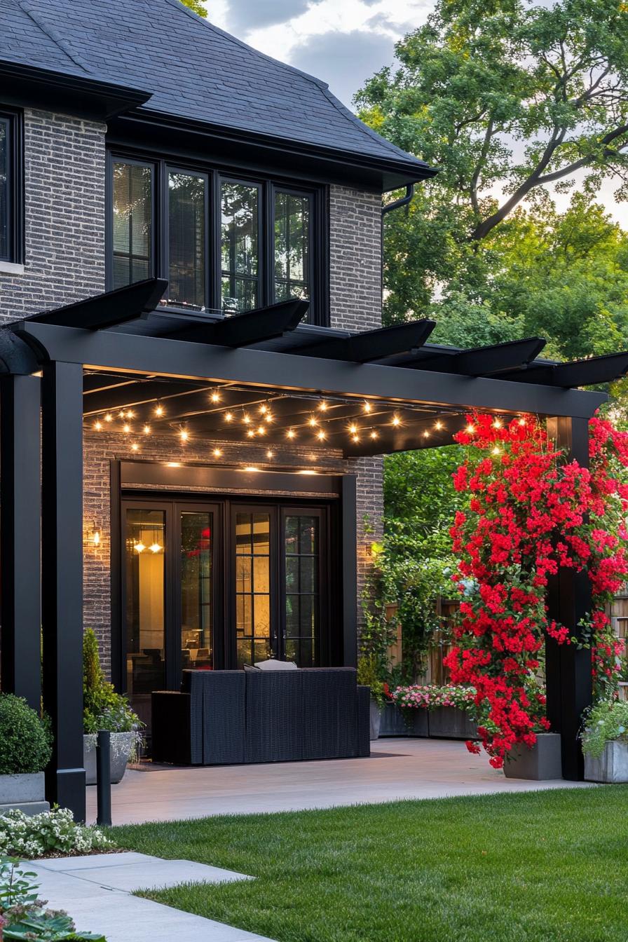 modern black house front porch with black pergola red climber flowers and string lights 2