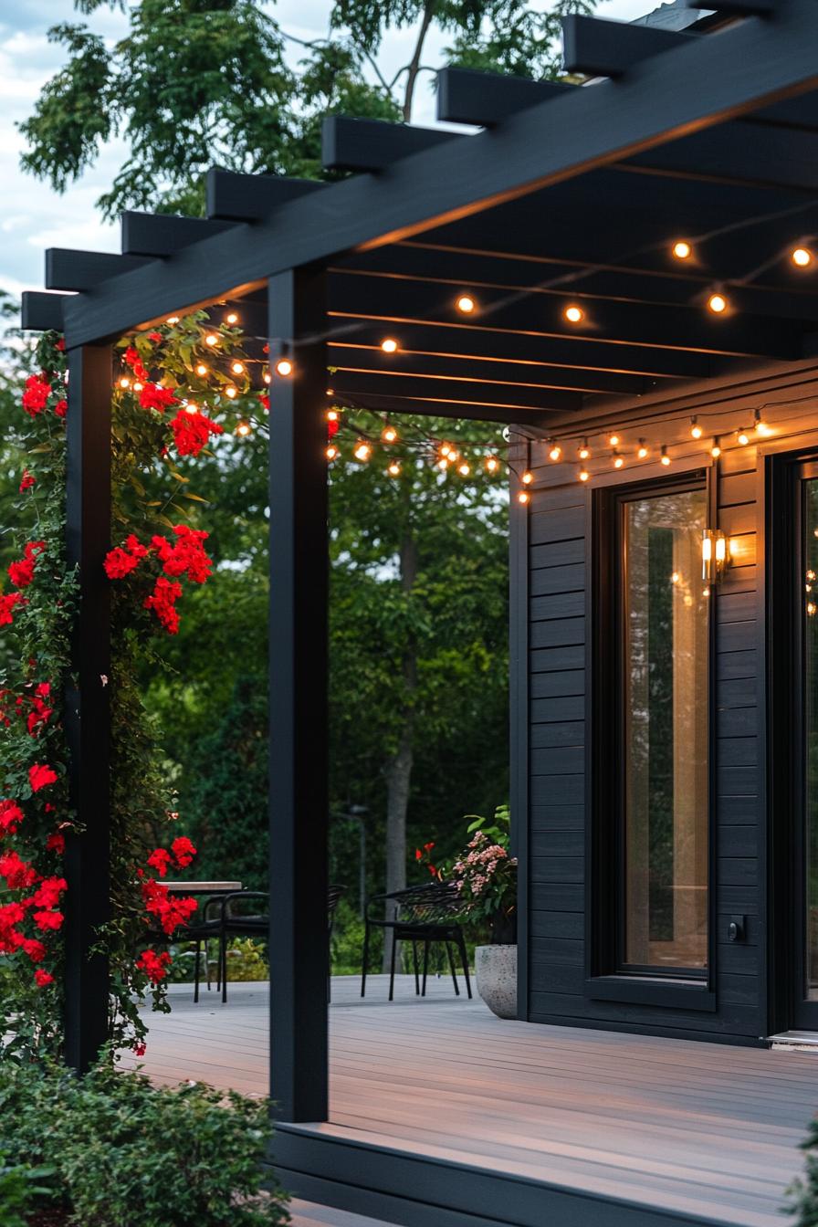 modern black house front porch with black pergola red climber flowers and string lights 3