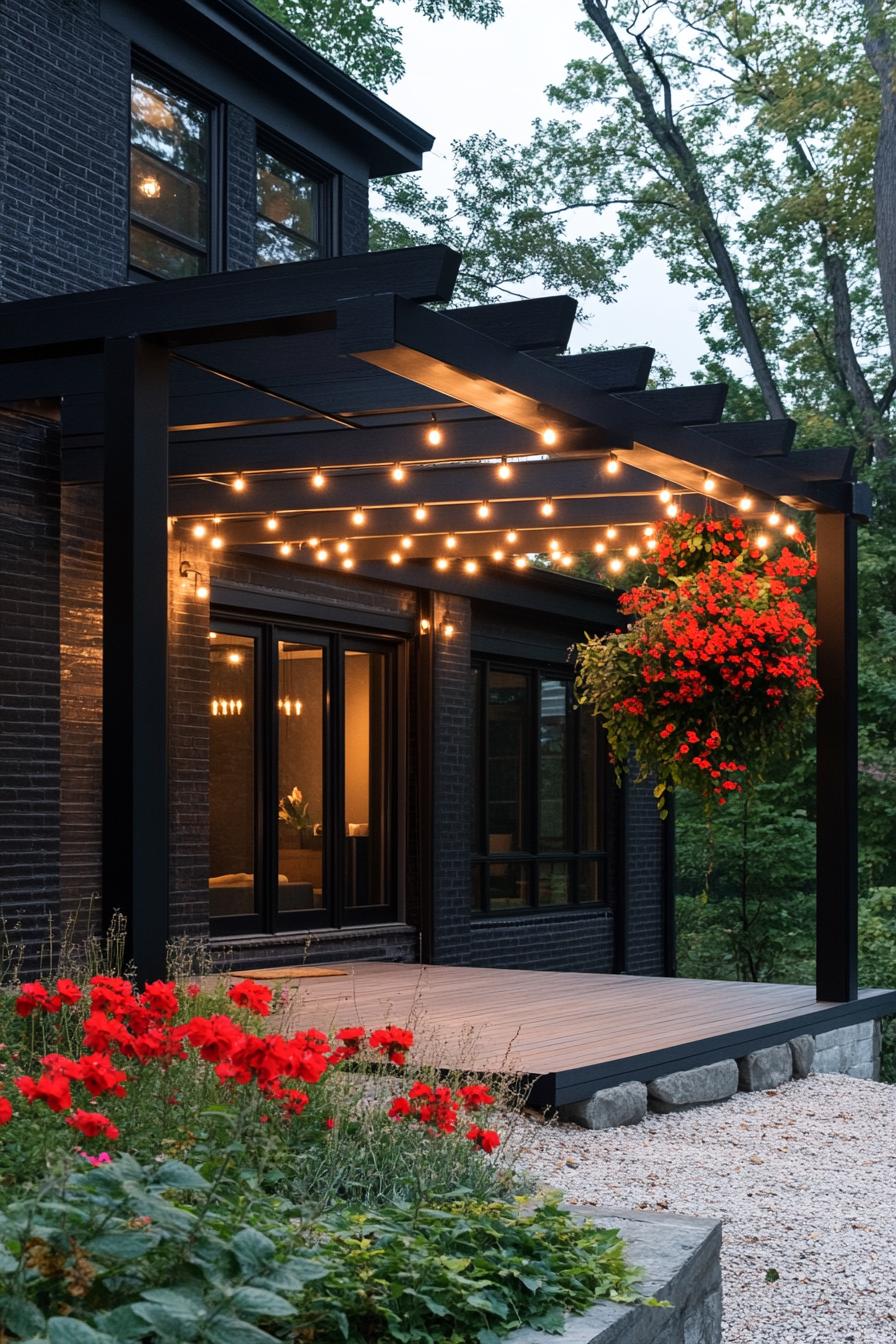 modern black house front porch with black pergola red climber flowers and string lights