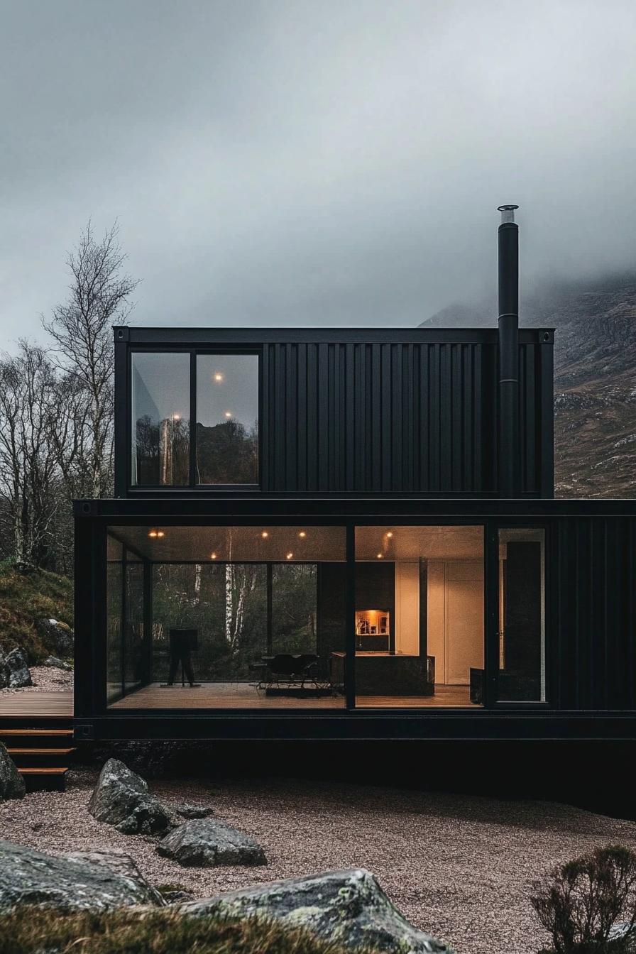 modern black shipping container house in stunning Scottish mountains 1