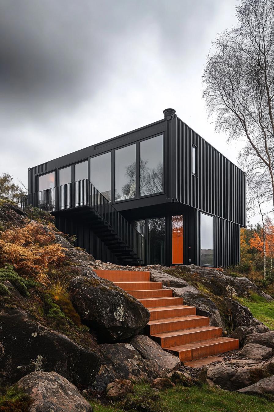 modern black shipping container house in stunning Scottish mountains 3