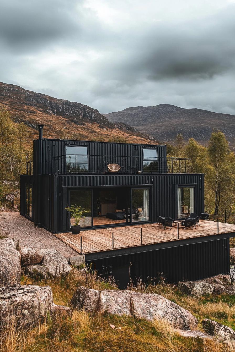 modern black shipping container house in stunning Scottish mountains