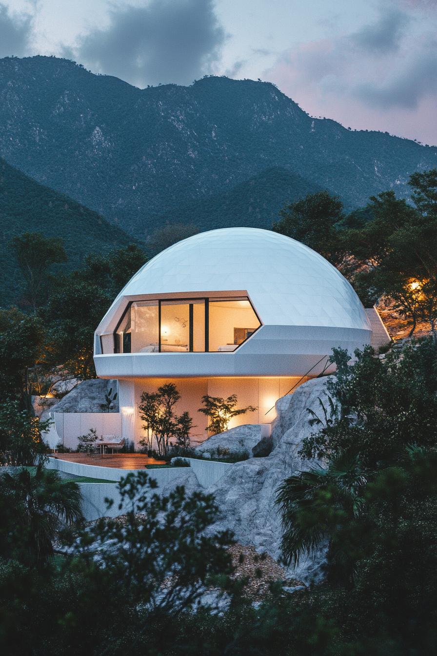 modern crisp white geometric dome house in stunning lush mountains 1