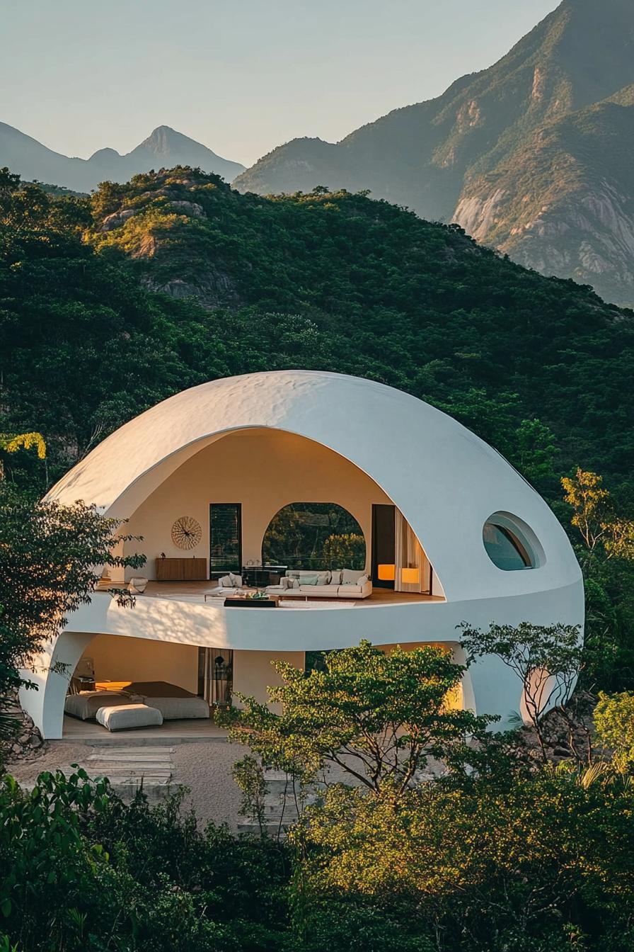 modern crisp white geometric dome house in stunning lush mountains 2