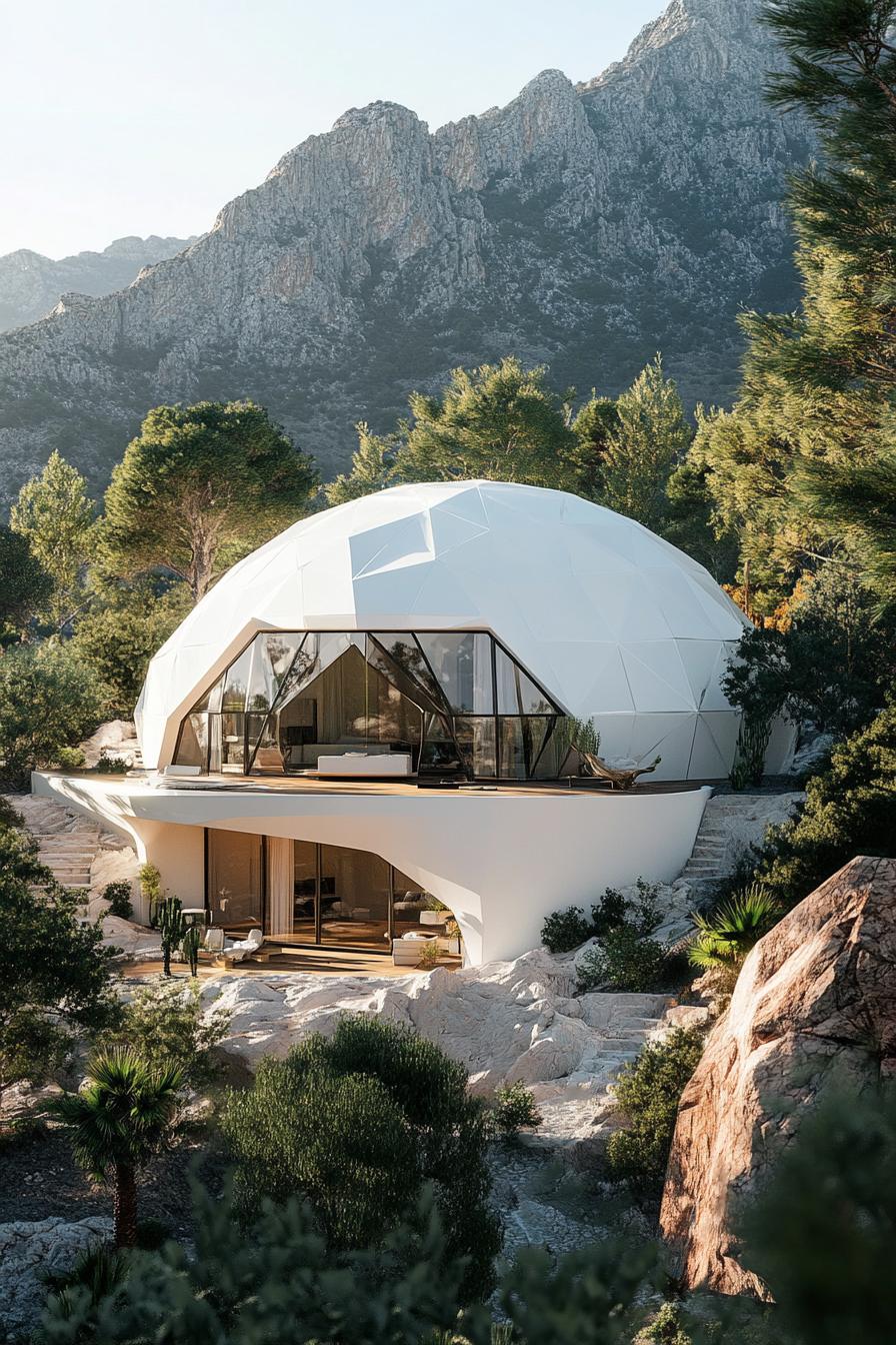 modern crisp white geometric dome house in stunning lush mountains 3