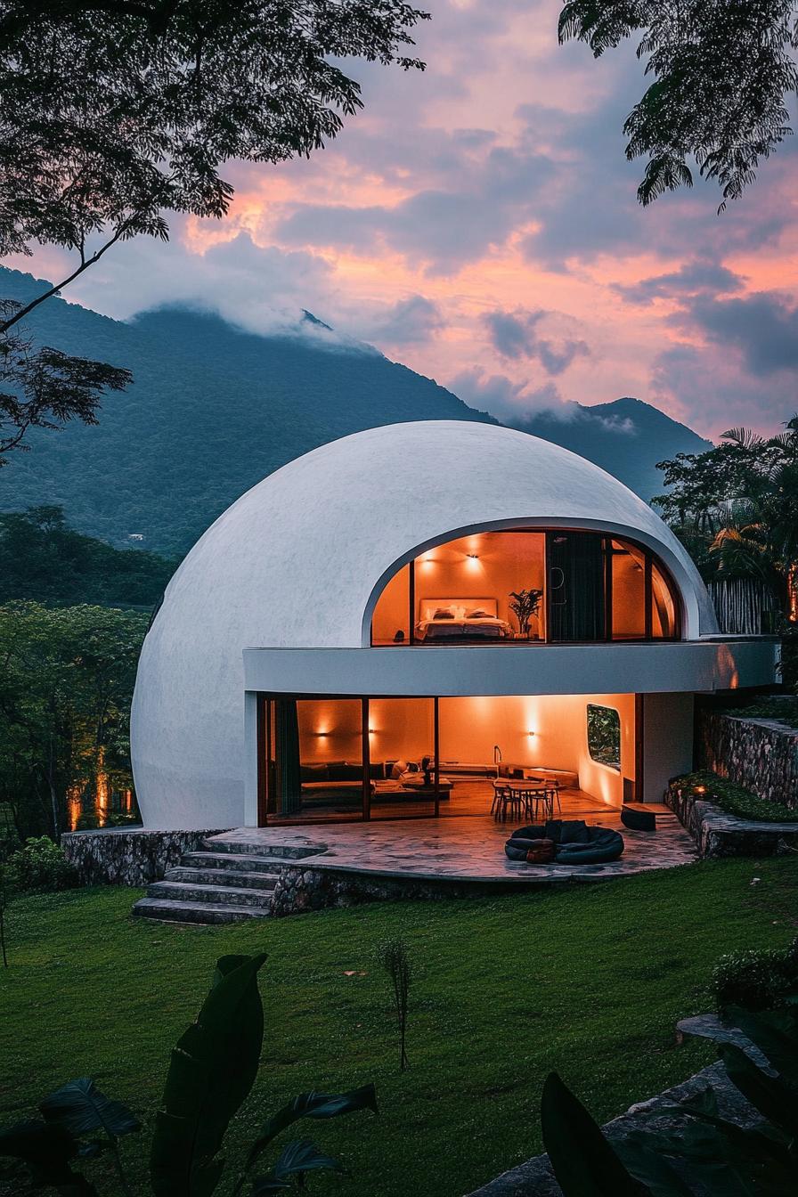 modern crisp white geometric dome house in stunning lush mountains