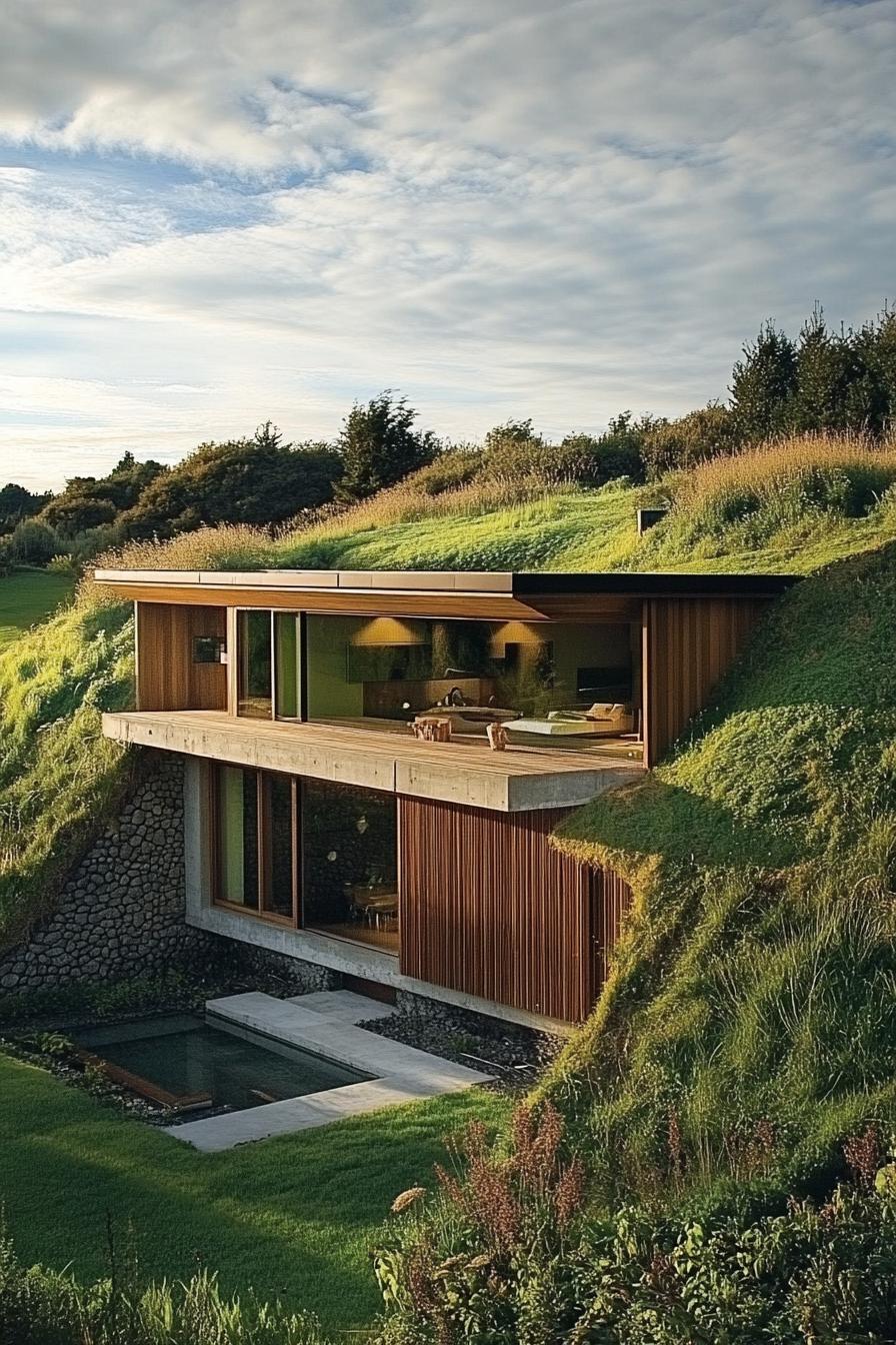 modern earth bermed house with wood cladding facade built into a hill in picturesque New Zealandean valley 1