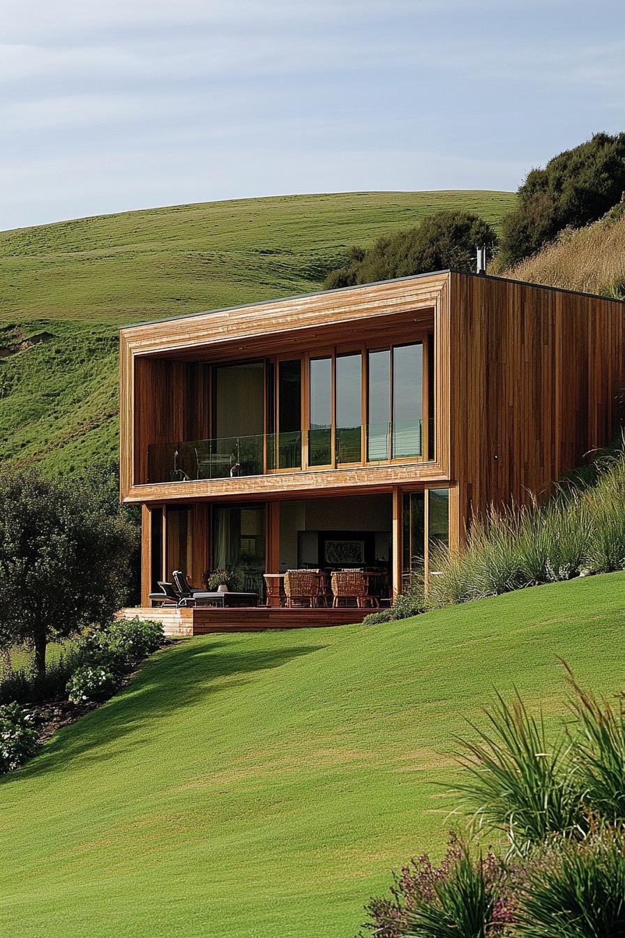 modern earth bermed house with wood cladding facade built into a hill in picturesque New Zealandean valley 2