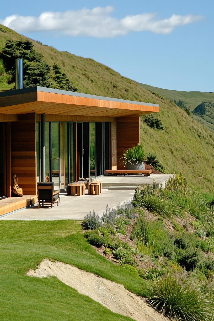 modern earth bermed house with wood cladding facade built into a hill in picturesque New Zealandean valley 3