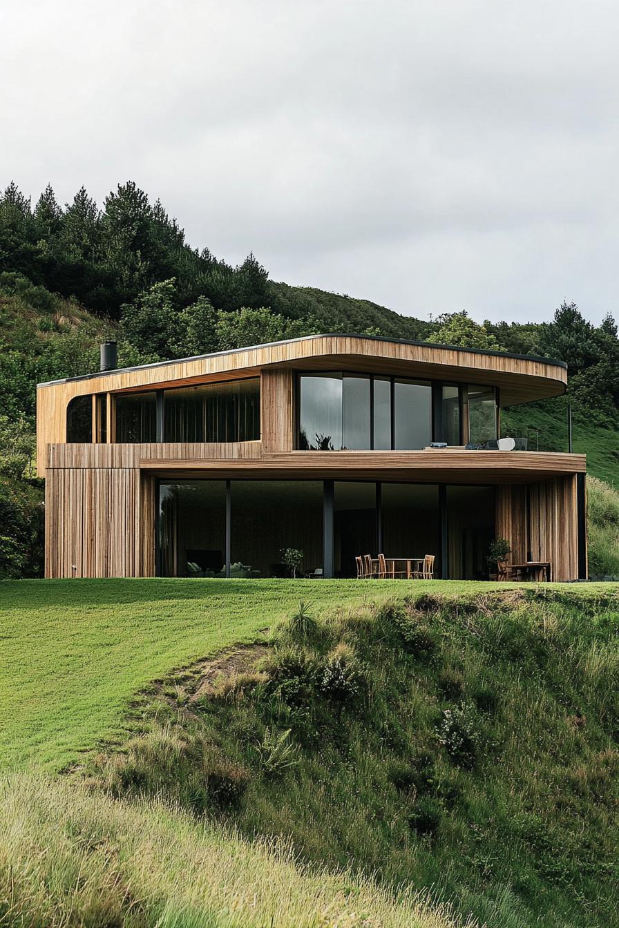 modern earth bermed house with wood cladding facade built into a hill in picturesque New Zealandean valley