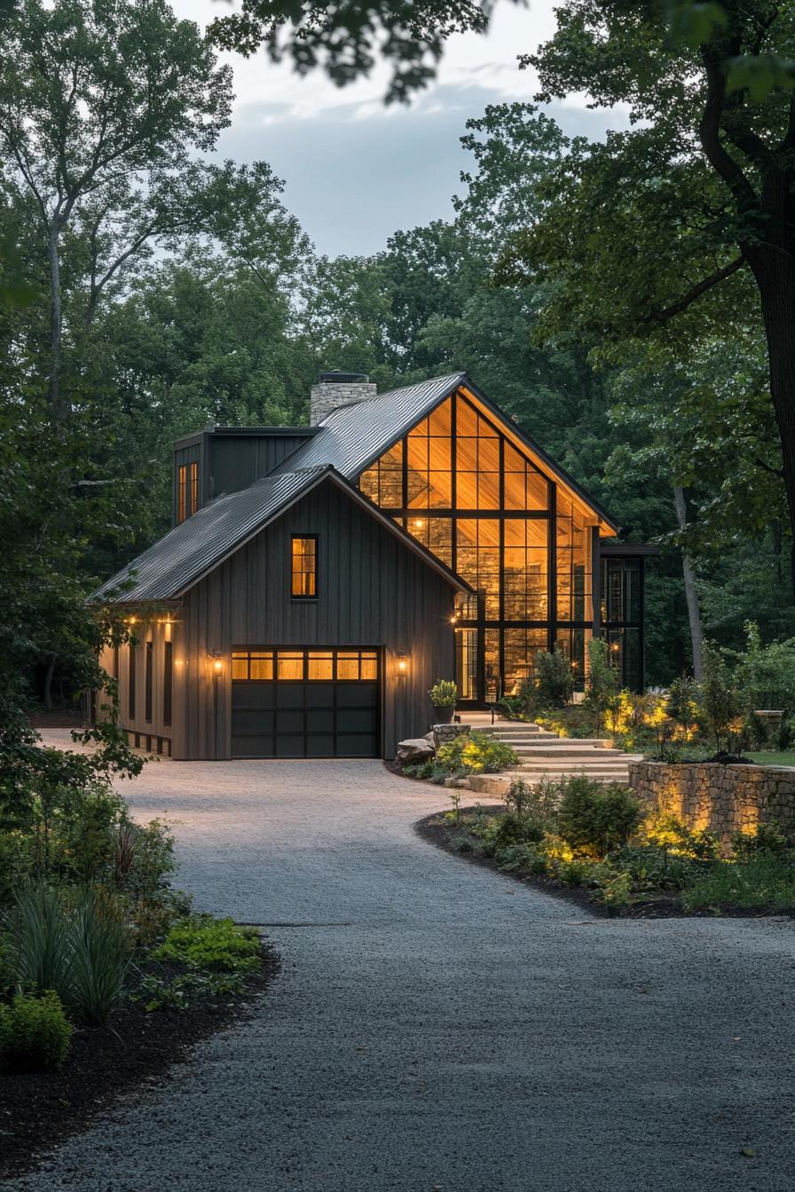 modern farmhouse L shaped house with steel and glass barn style garage with driveway lined with trees 1