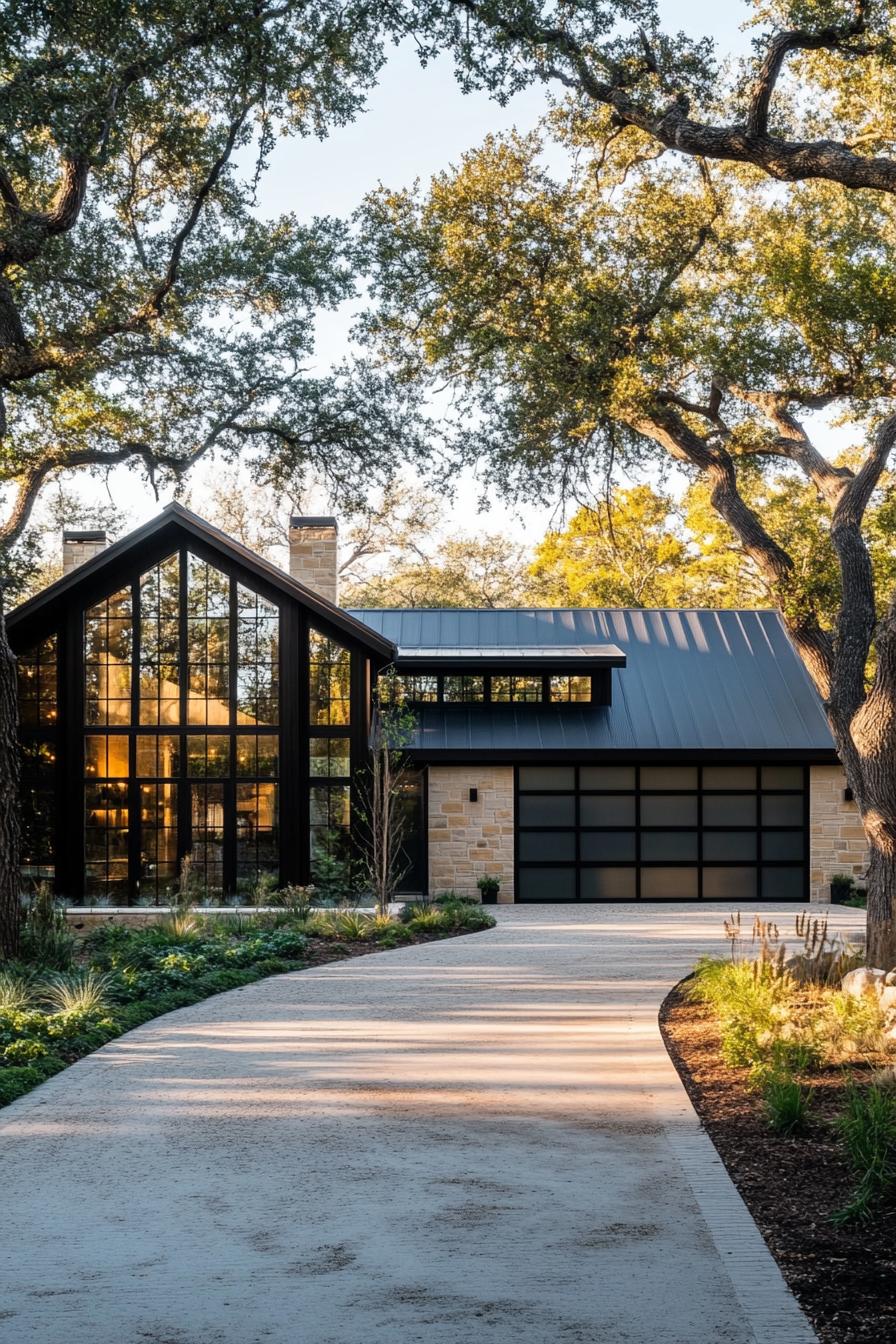 modern farmhouse L shaped house with steel and glass barn style garage with driveway lined with trees 2