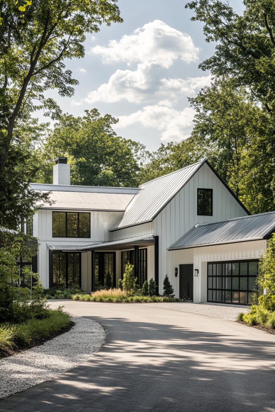 modern farmhouse L shaped house with steel and glass barn style garage with driveway lined with trees 3