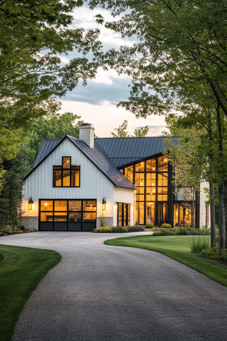 modern farmhouse L shaped house with steel and glass barn style garage with driveway lined with trees