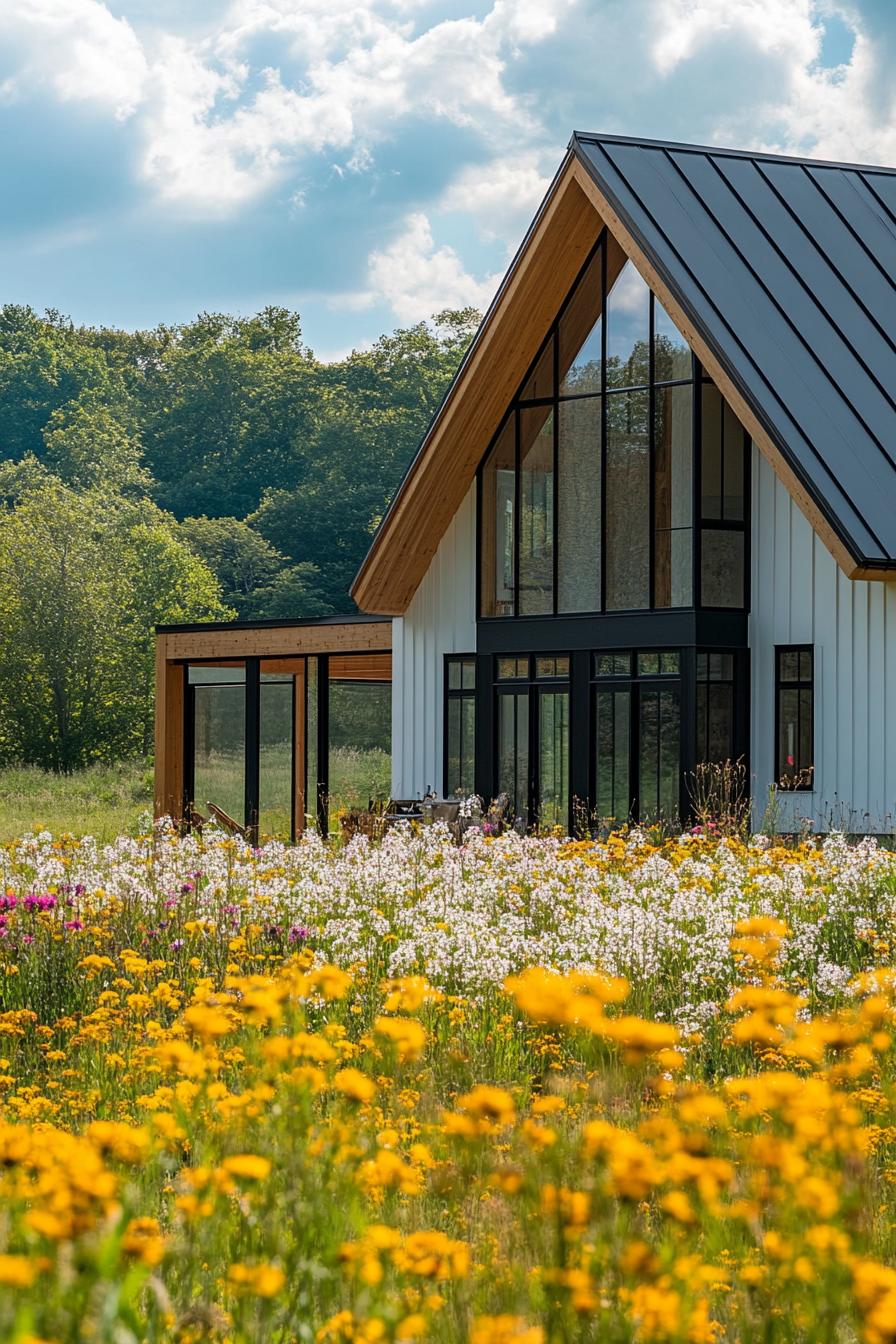 modern farmhouse home pivot windows letting in sunshine from stunning wildflower fields 1