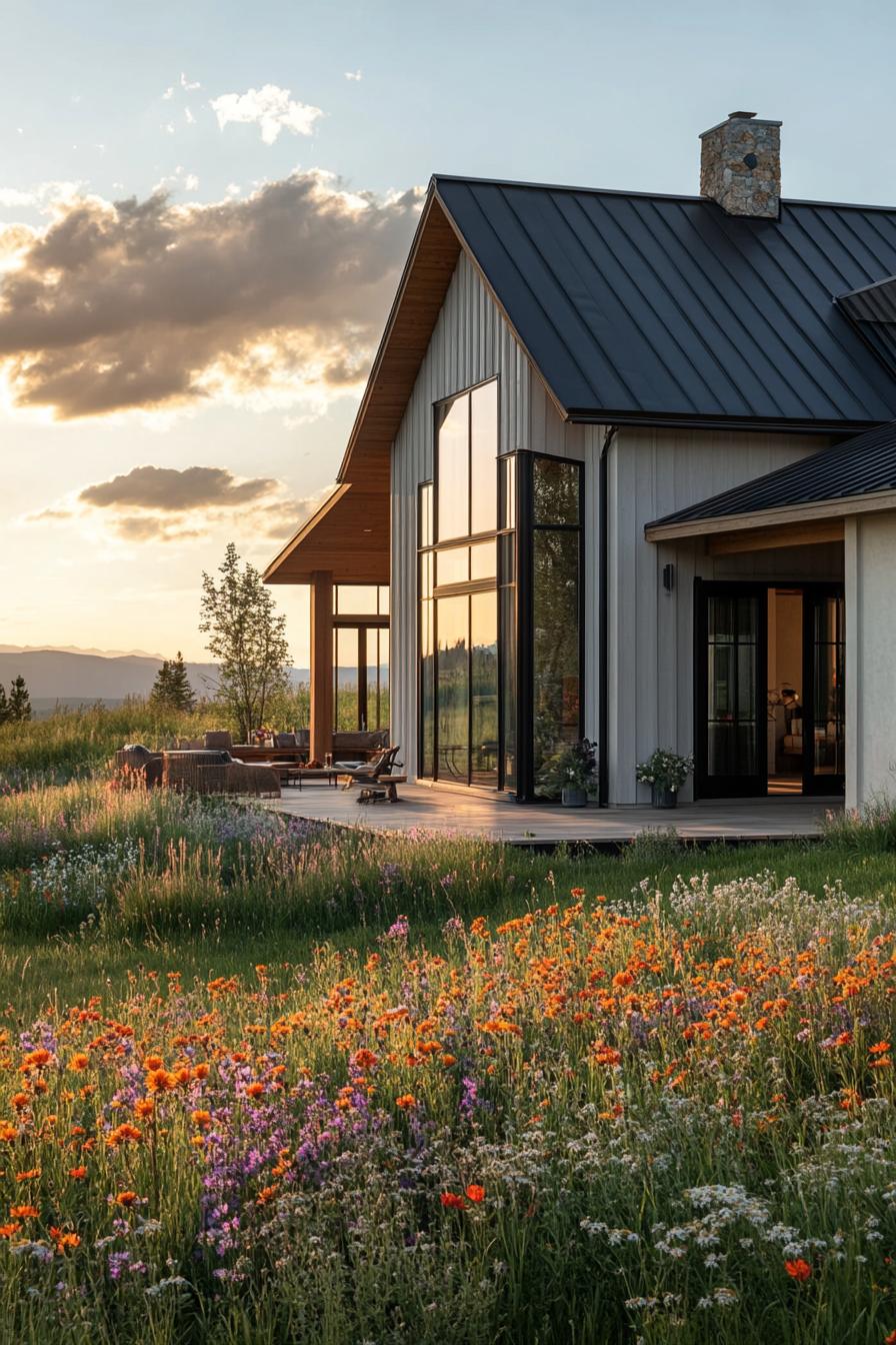 modern farmhouse home pivot windows letting in sunshine from stunning wildflower fields 2