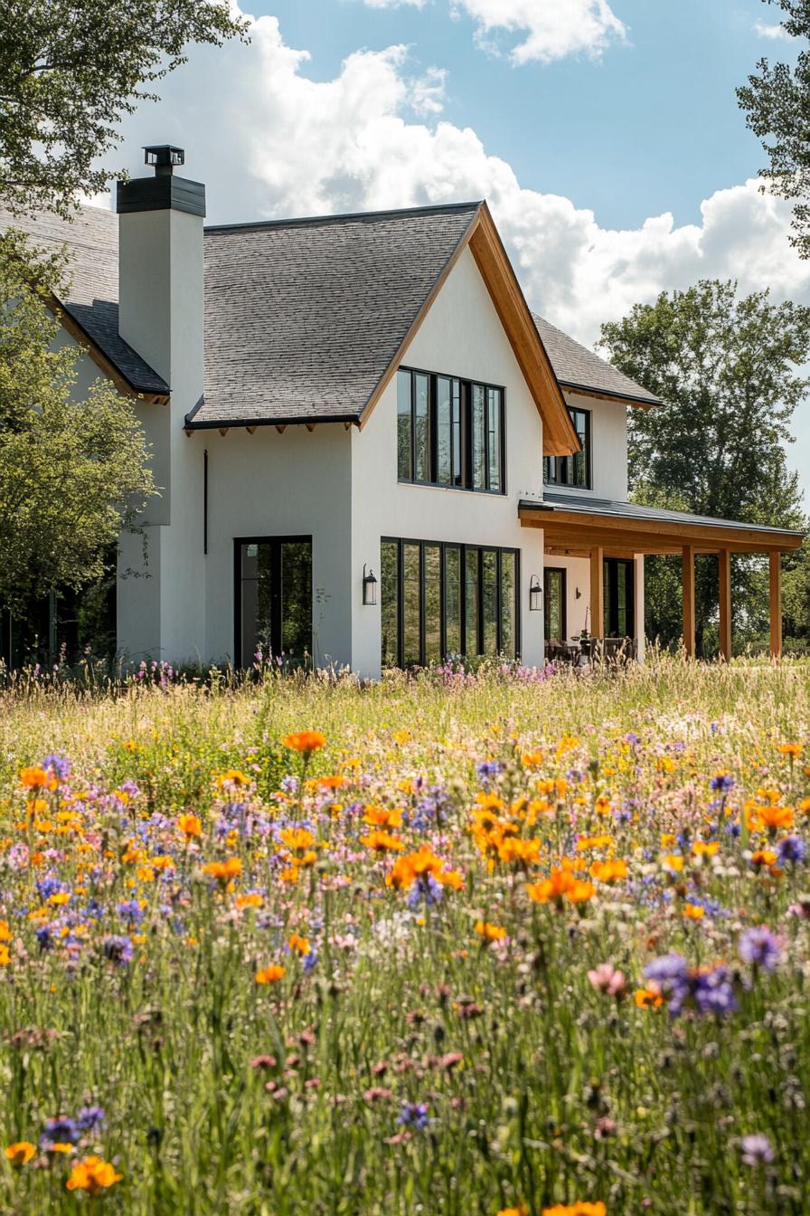 modern farmhouse home pivot windows letting in sunshine from stunning wildflower fields