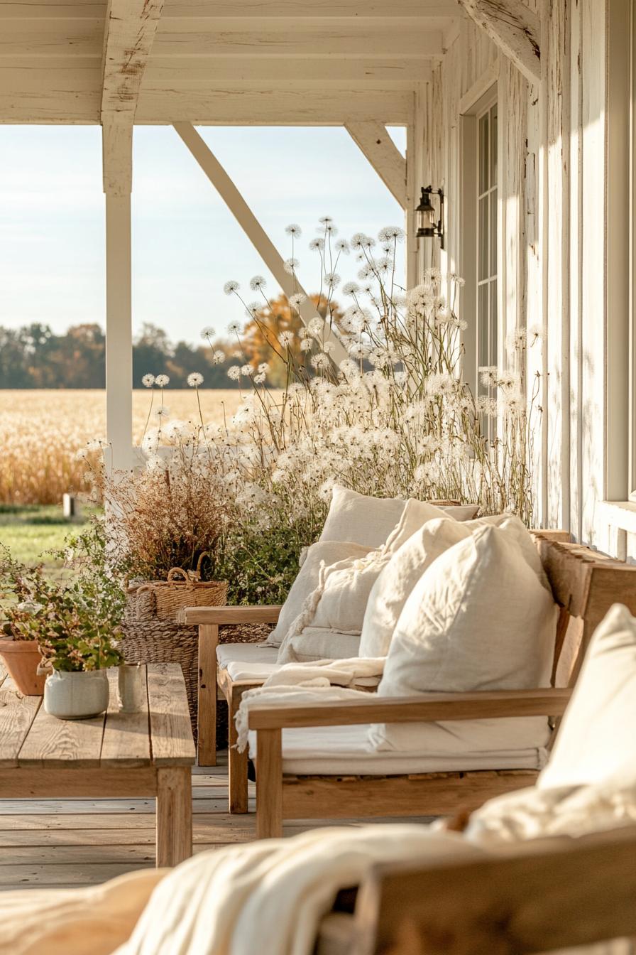 modern farmhouse porch with reclaimed wood furniture and fall decor dandelion fields in the background 1