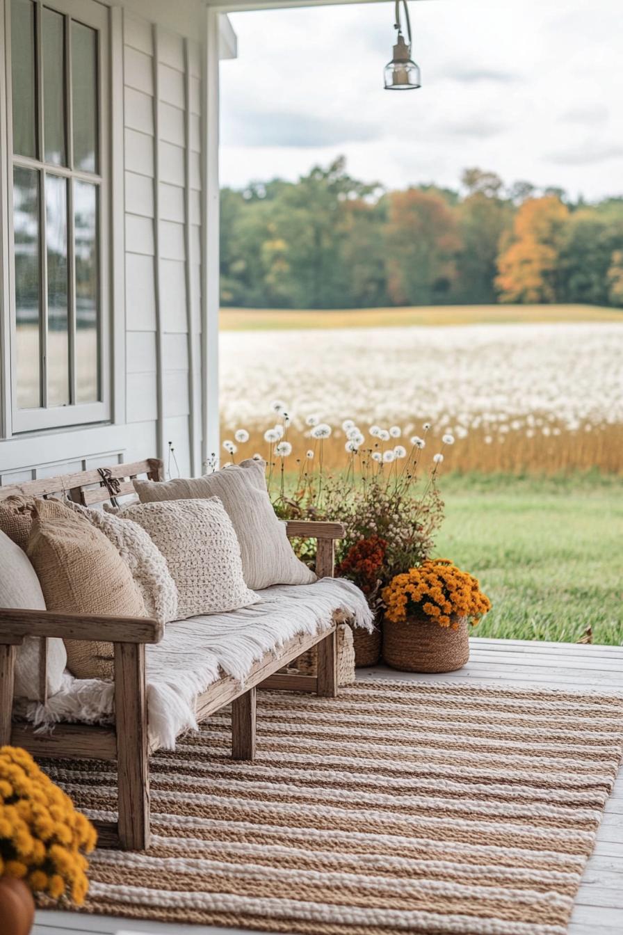 modern farmhouse porch with reclaimed wood furniture and fall decor dandelion fields in the background 2