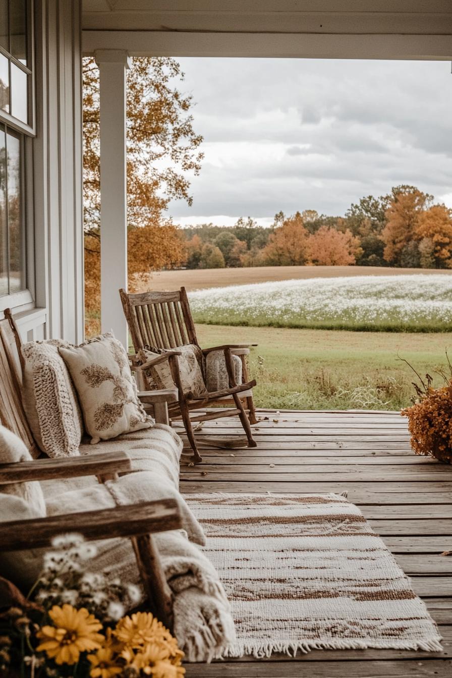 modern farmhouse porch with reclaimed wood furniture and fall decor dandelion fields in the background 3