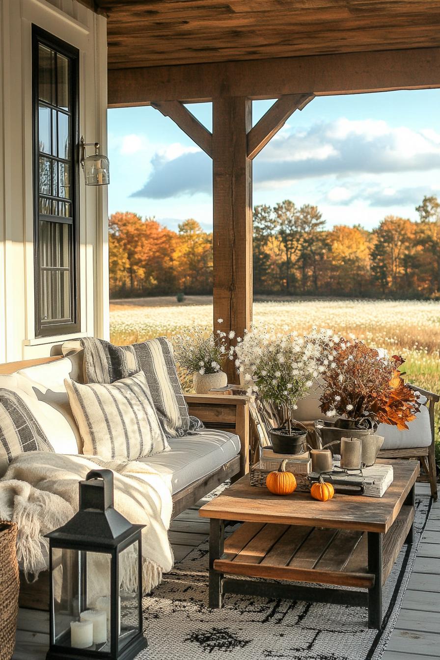 modern farmhouse porch with reclaimed wood furniture and fall decor dandelion fields in the background