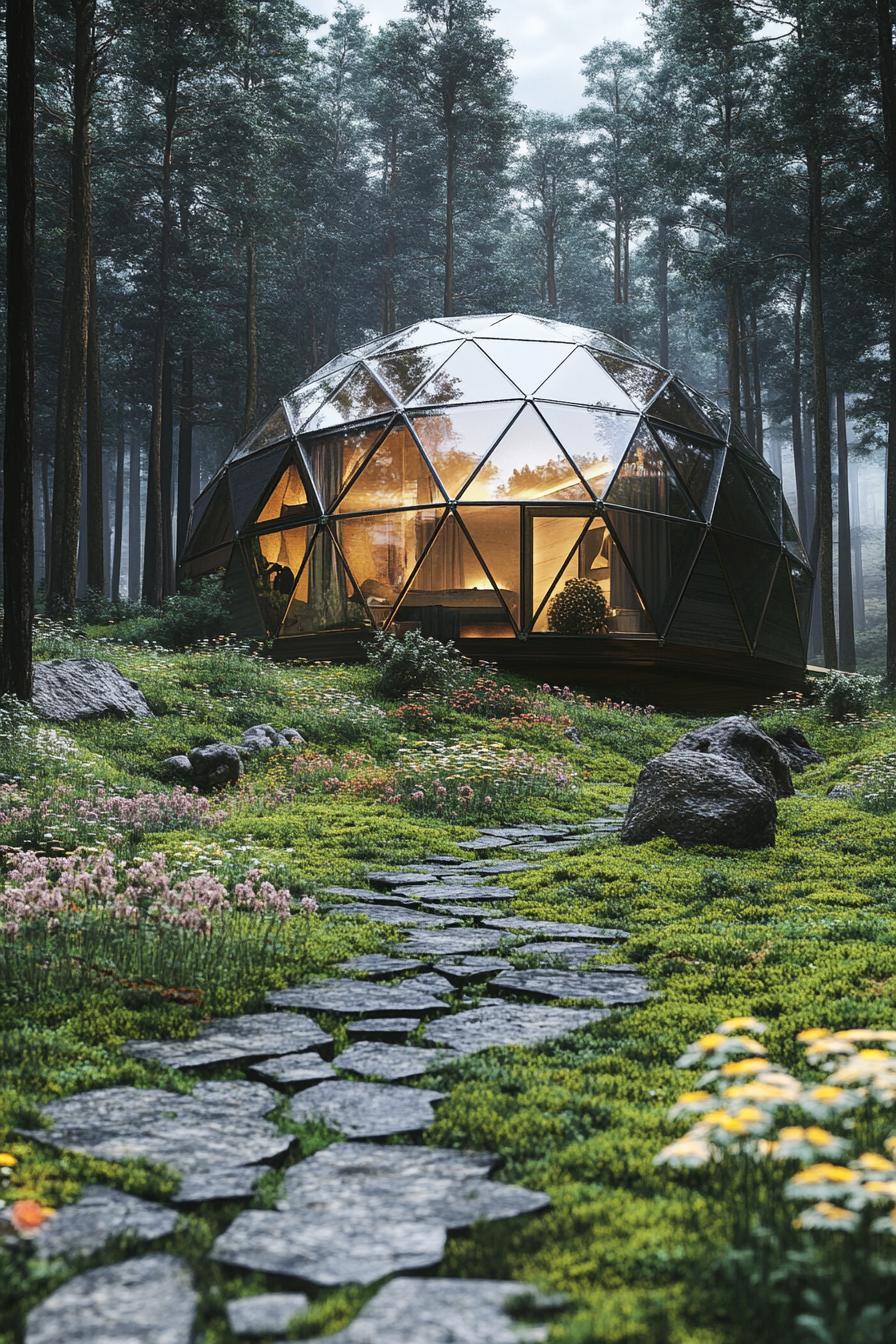 modern geodesic dome house in a mountain forest glade with mossy stone path and flower garden 1