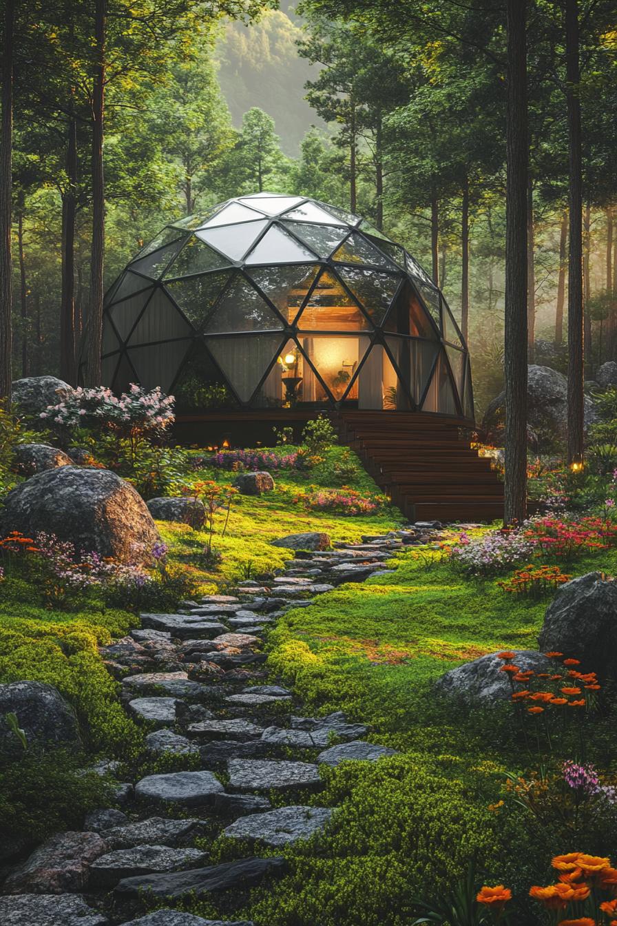 modern geodesic dome house in a mountain forest glade with mossy stone path and flower garden 2