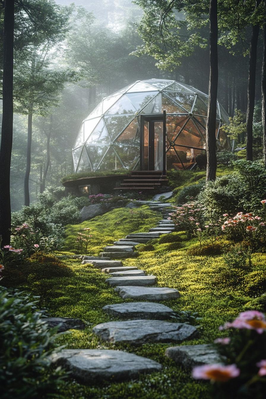 modern geodesic dome house in a mountain forest glade with mossy stone path and flower garden 3