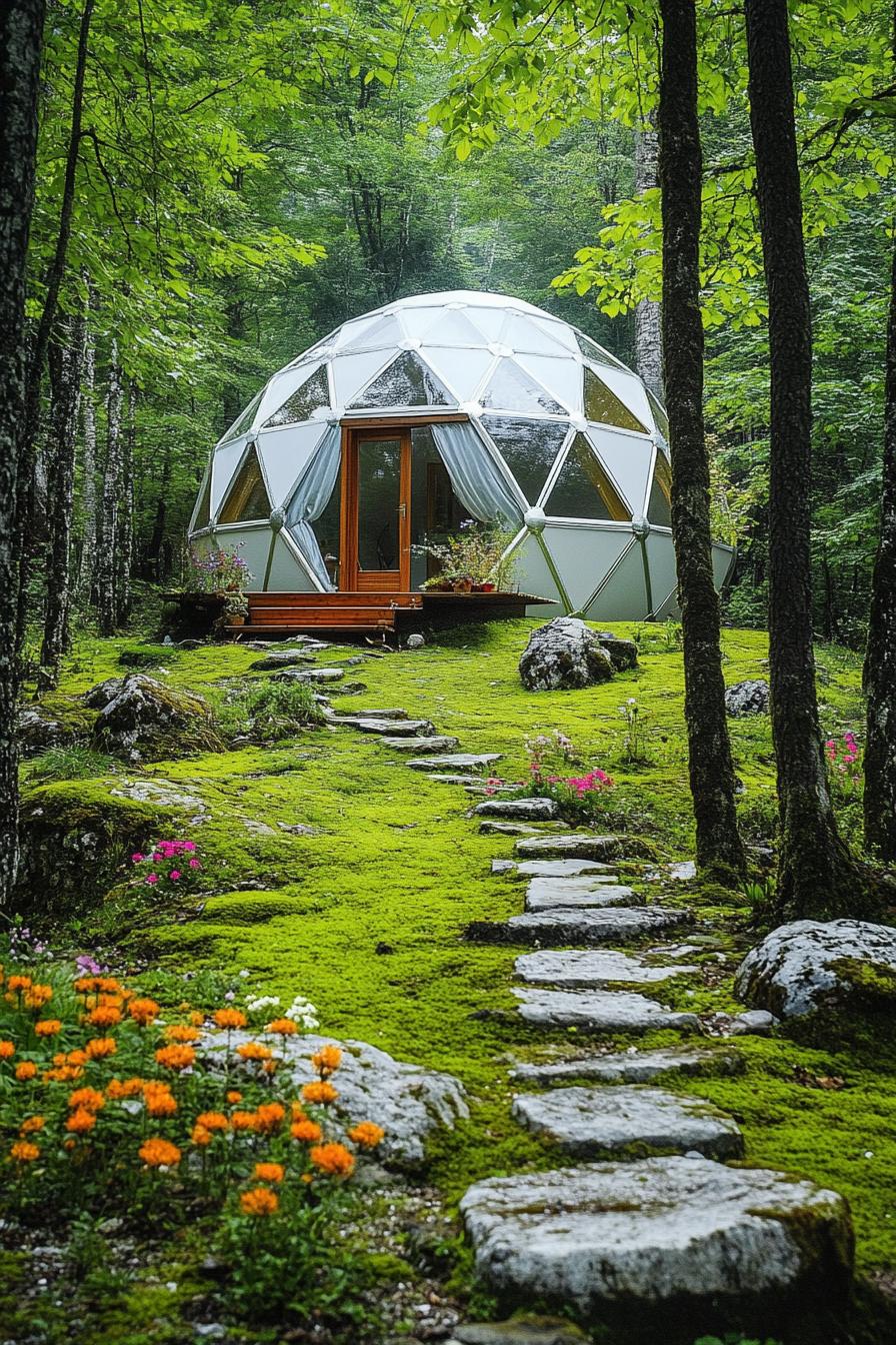 modern geodesic dome house in a mountain forest glade with mossy stone path and flower garden