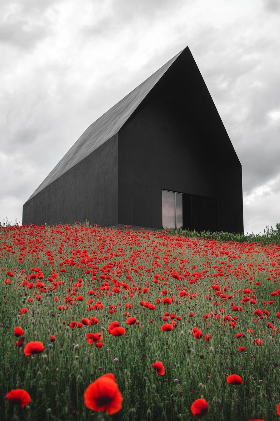 modern geometric obsidian house facade in a field of red poppies 1