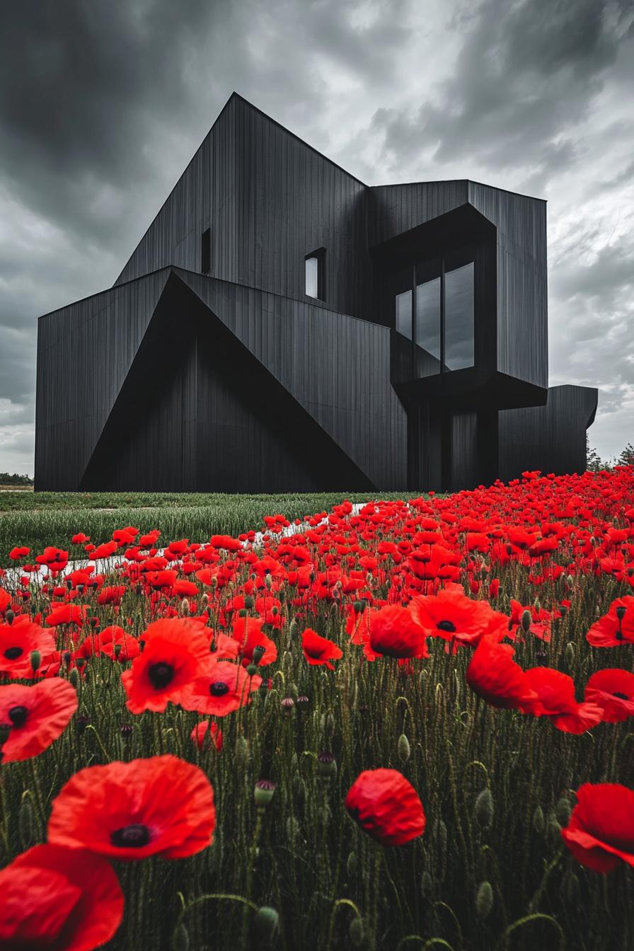 modern geometric obsidian house facade in a field of red poppies 2