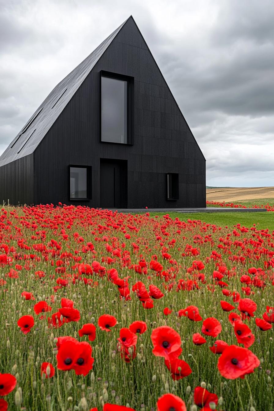 modern geometric obsidian house facade in a field of red poppies 3