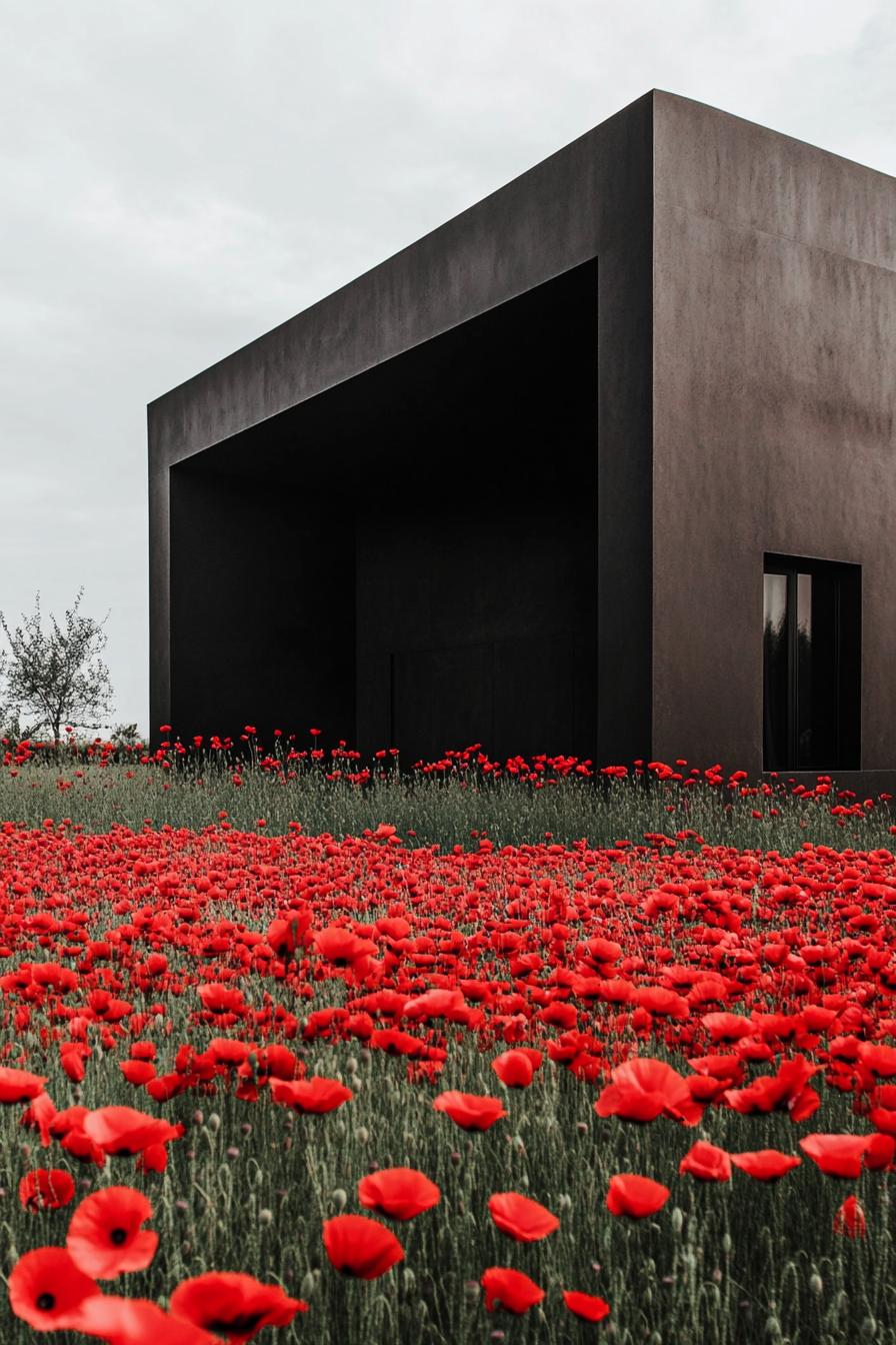 modern geometric obsidian house facade in a field of red poppies