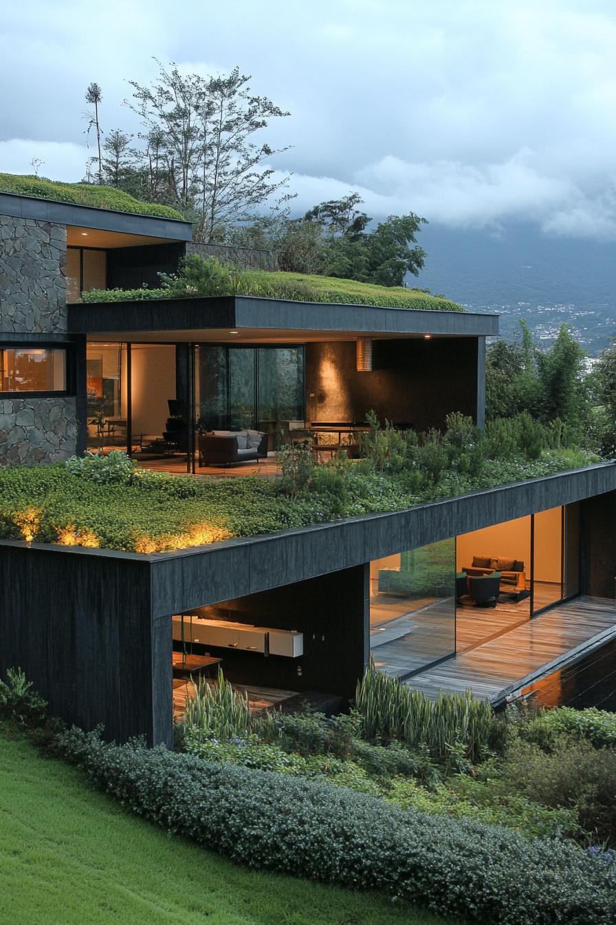 modern green exterior house with earth roof