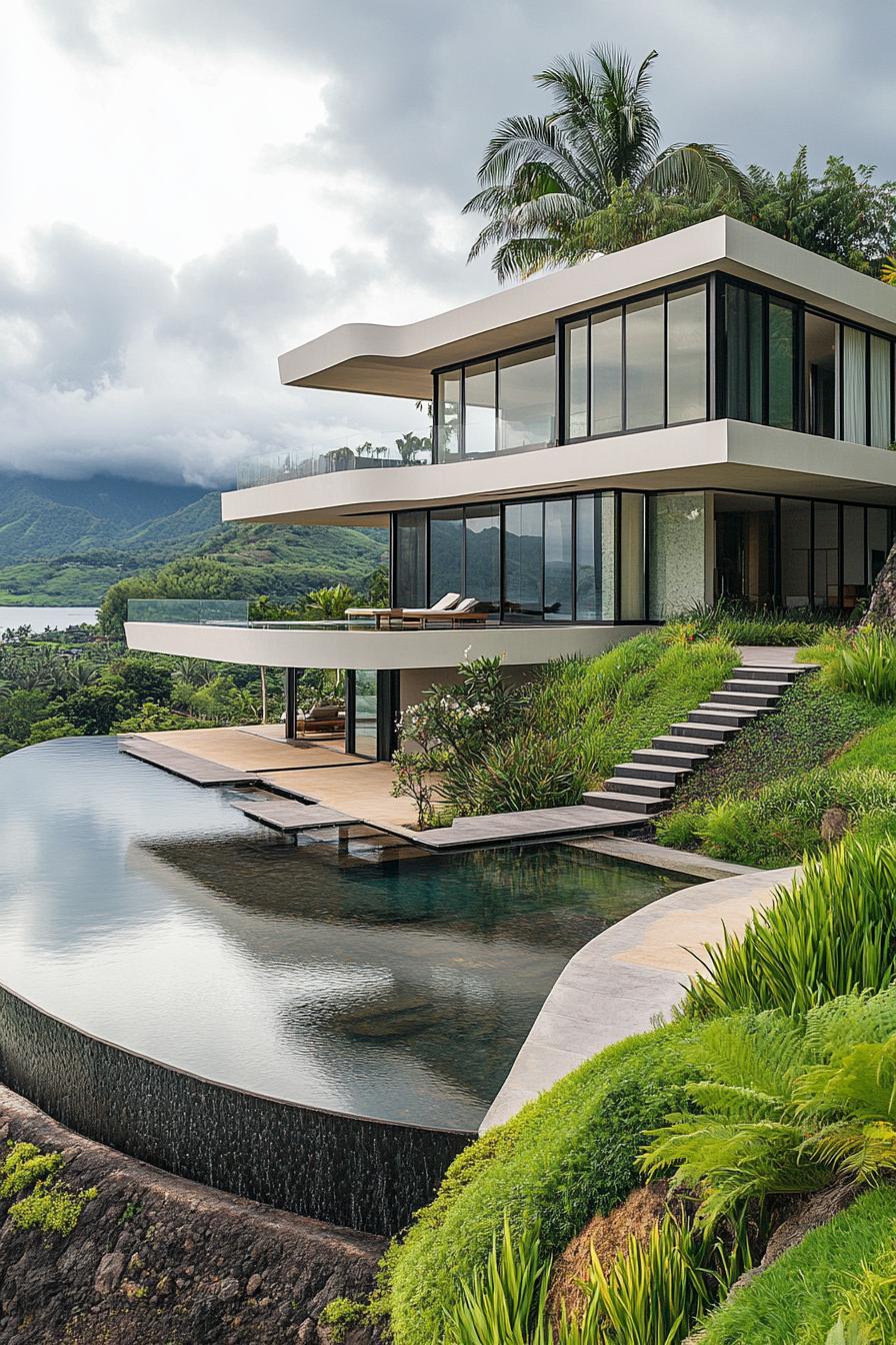 modern house on a hillside with terraces connected with floating stairs tropical island lake below 1