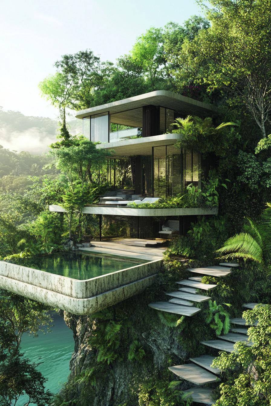 modern house on a hillside with terraces connected with floating stairs tropical island lake below 2