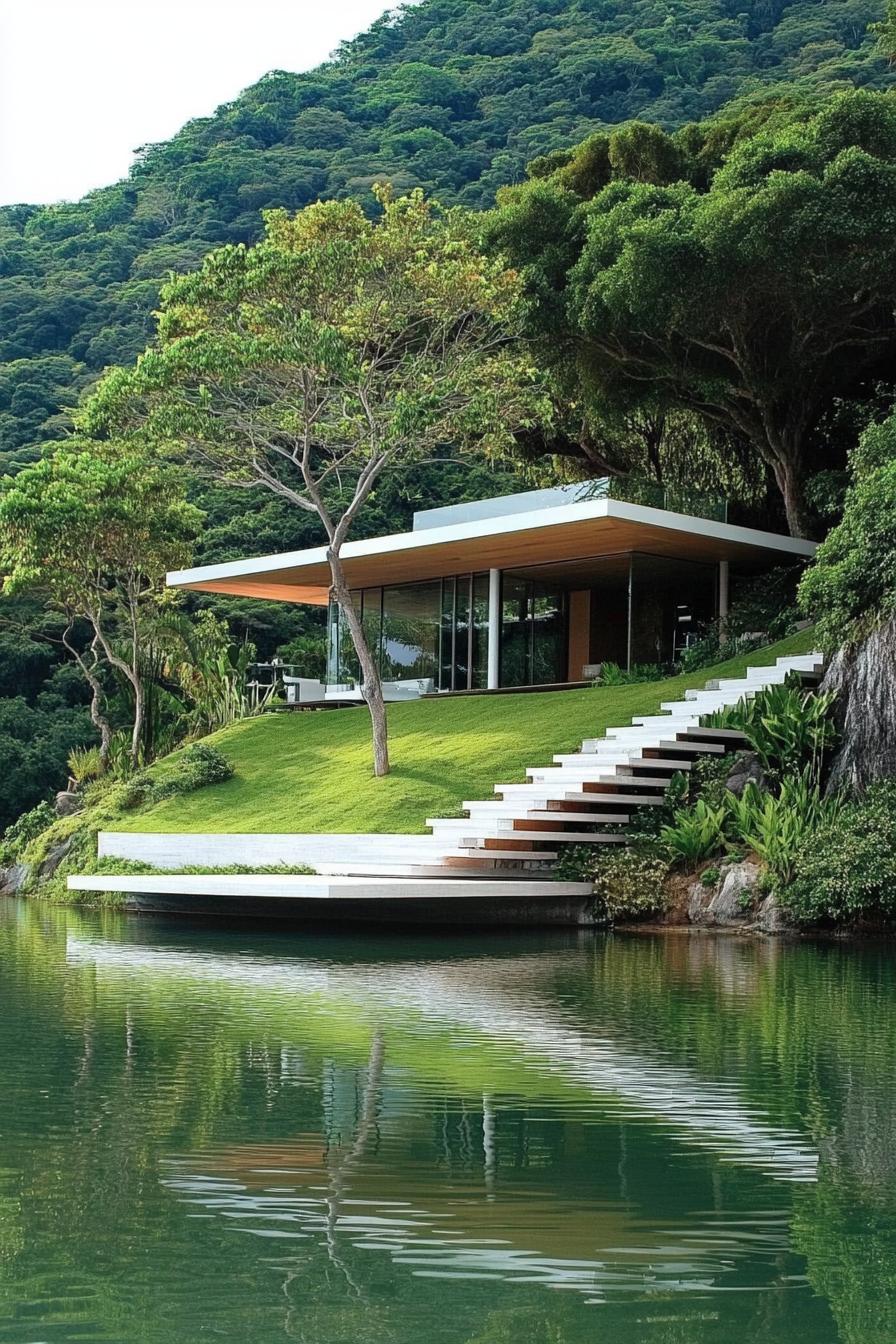 modern house on a hillside with terraces connected with floating stairs tropical island lake below 3