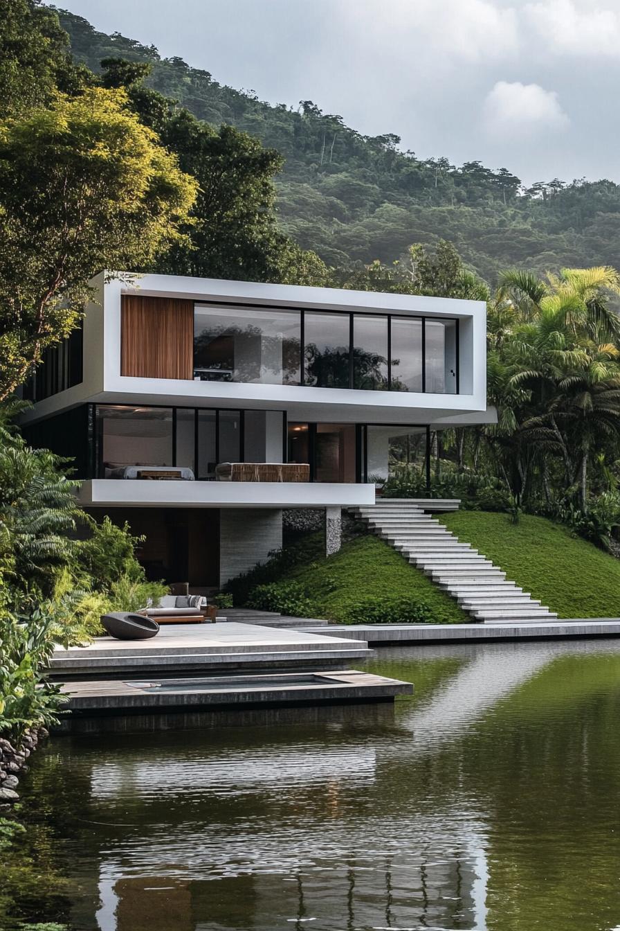 modern house on a hillside with terraces connected with floating stairs tropical island lake below