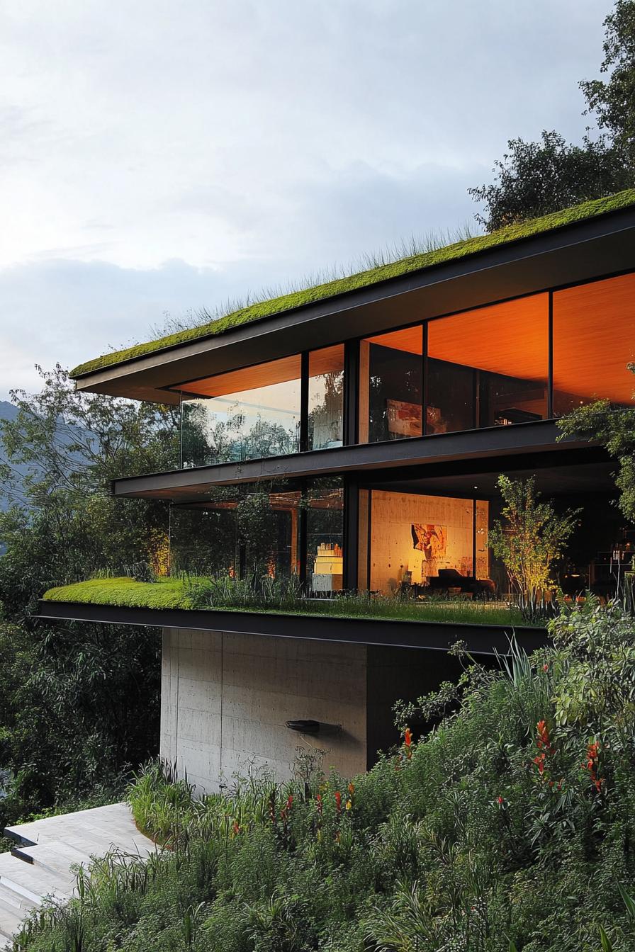 modern house on a slope with green roof and lush forest views 1